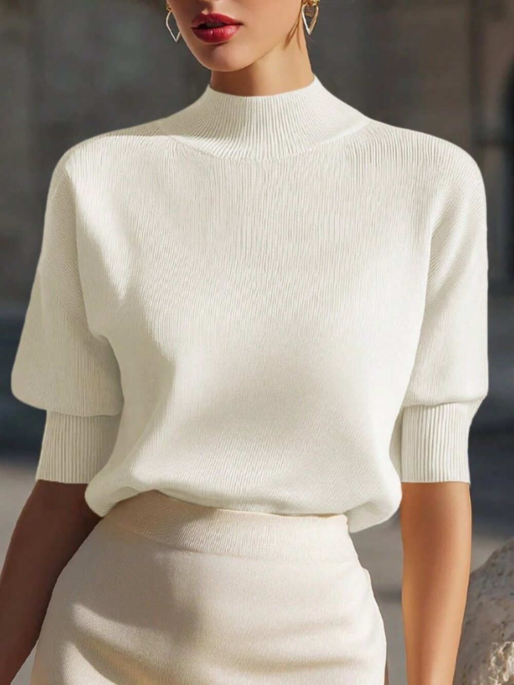 White Casual Women's V-Neck Dropped Shoulder Short Sleeve Loose Knit Top